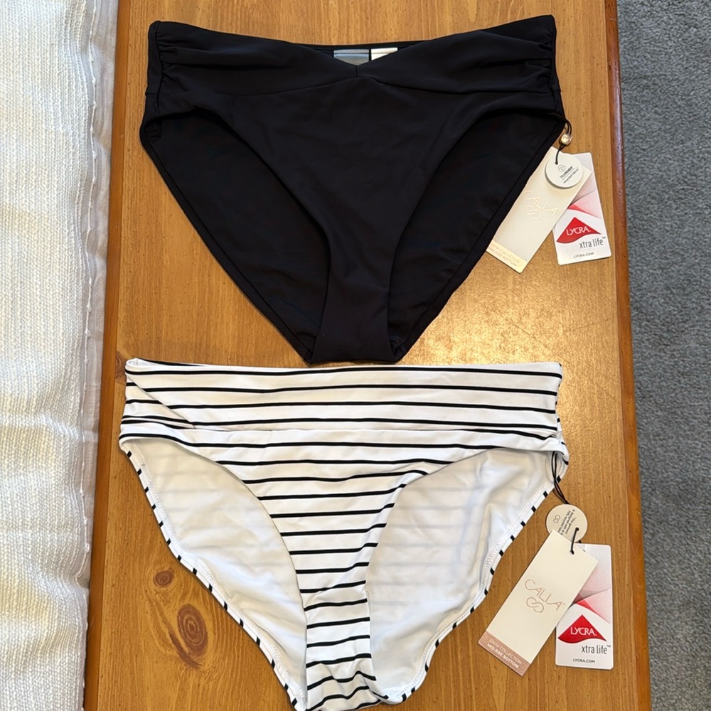 Two brand new size small Calia mid rise swim suit bottoms. One back one striped